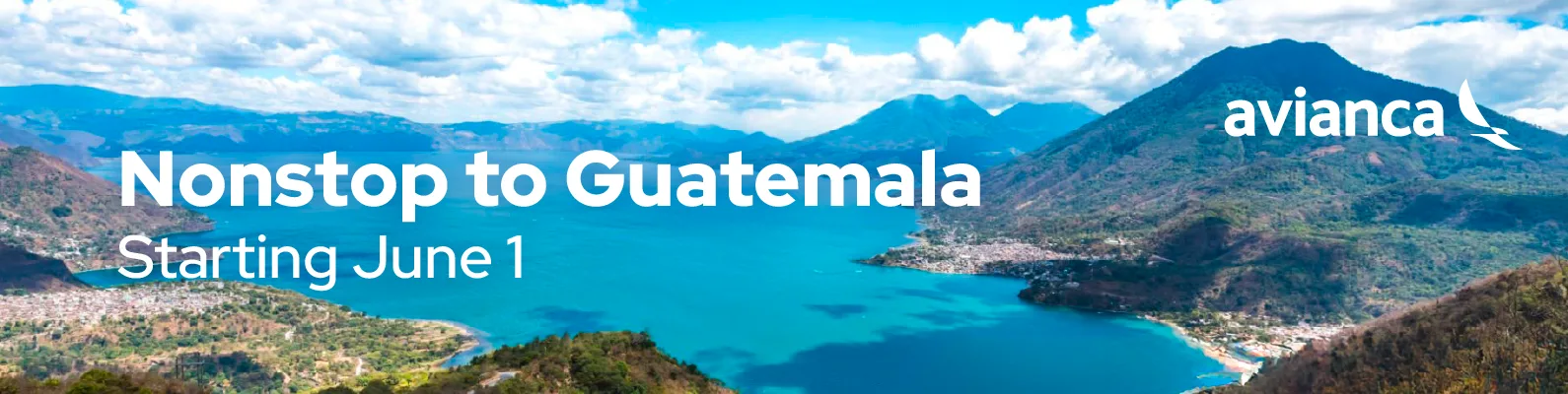 Banner with avianca logo and text: Nonstop to Guatemala Starting June 1 